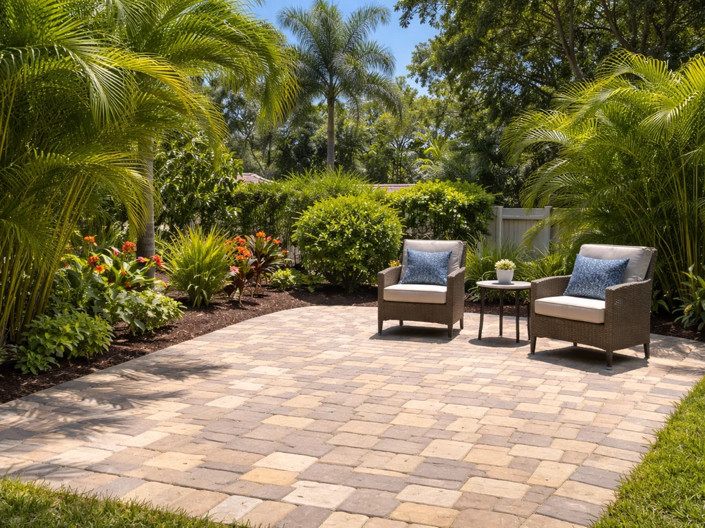 Sunlit Tampa Bay backyard with a clean paver patio, landscaping, and lush greenery