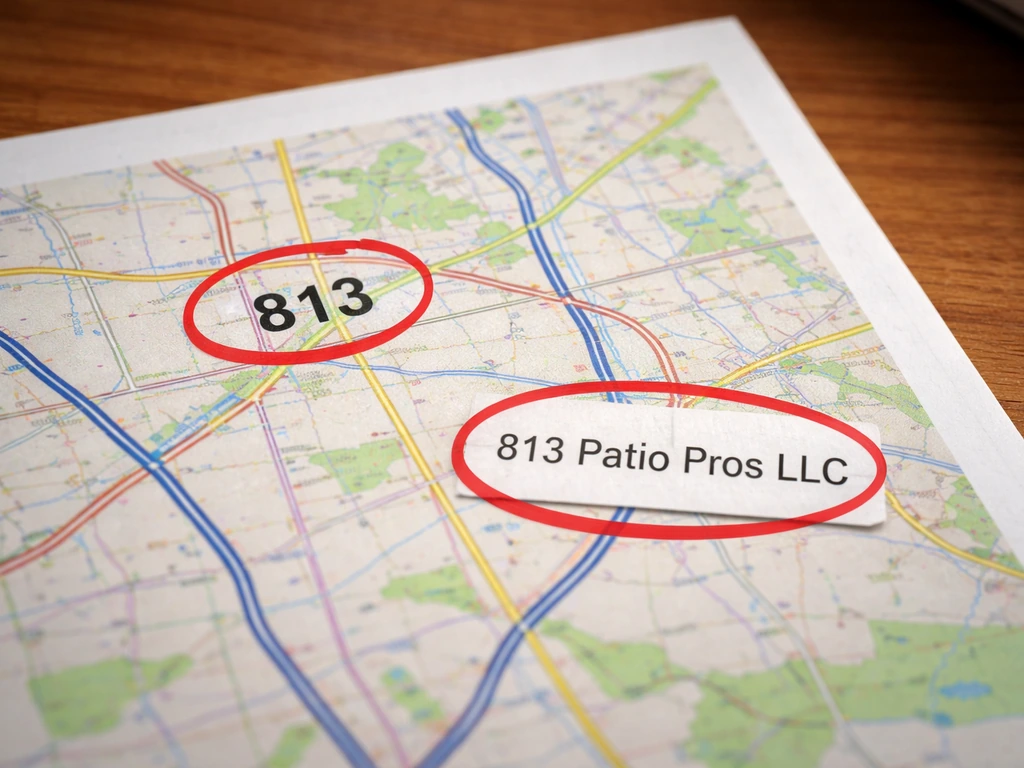 Overhead desk photo of a generic map highlighting area code 813 and “813 Patio Pros LLC”.