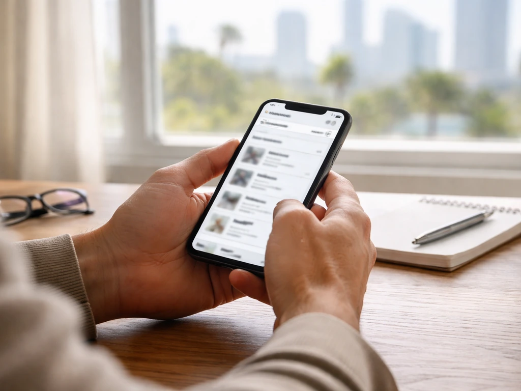 Hands holding a smartphone over a desk, showing a blurred contractor search and filter screen.