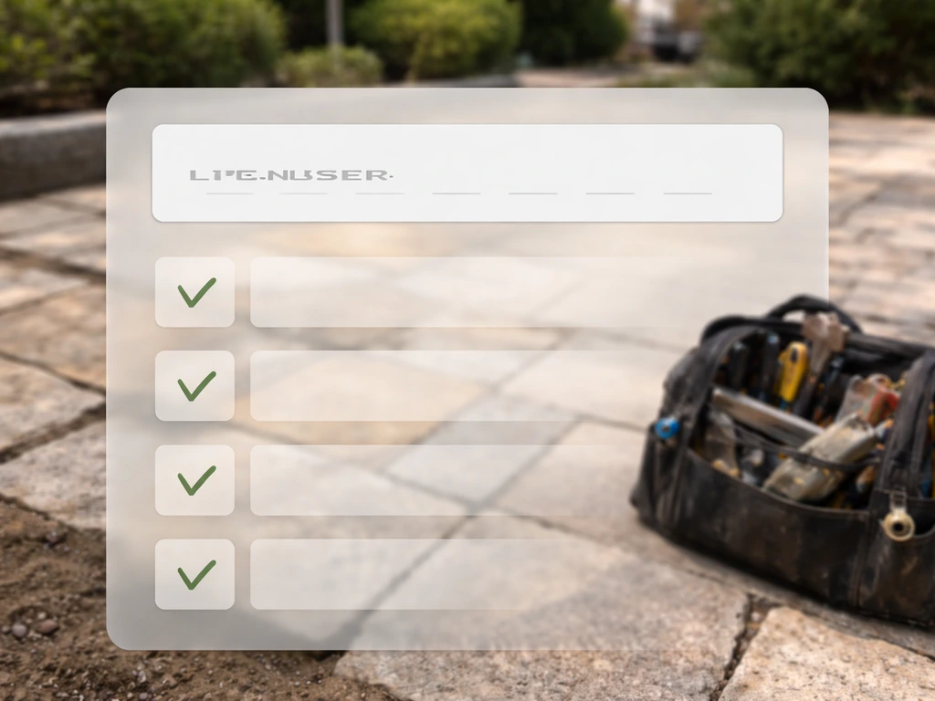 Outdoor patio work scene with a blank contractor license field and checkmarks over the estimate page area.