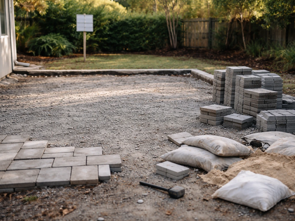 Outdoor paver patio install site showing uneven base, poor drainage grade, and messy material staging