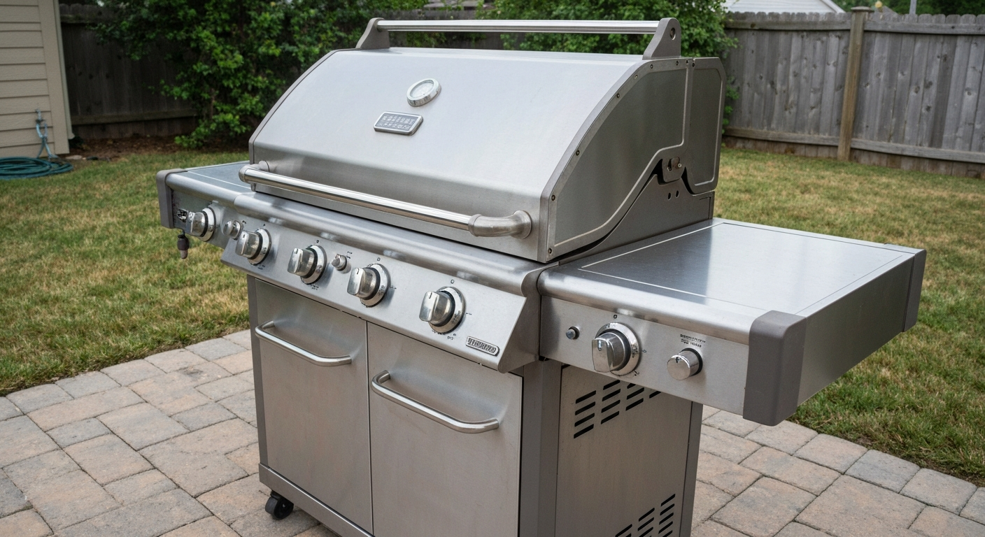 Three-quarter view of a stainless-steel patio gas grill on a backyard patio, showing cooking grids, control knobs, side shelves, and rear rotisserie burner.