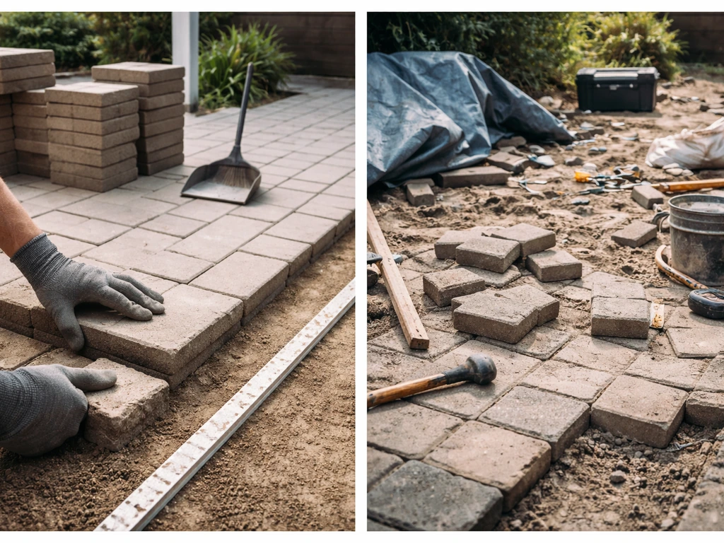 Split photo collage showing tidy patio worksite on one side and messy delayed construction on the other.