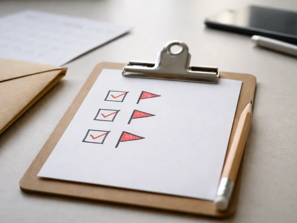 Checklist clipboard with red warning flags, contract envelope, and calendar on a desk.
