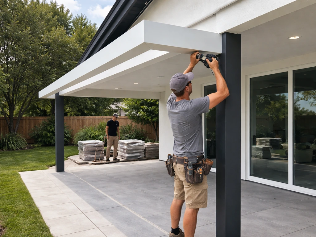 Contractor team installing a patio cover, with a clean finished outdoor area and neatly stacked materials.