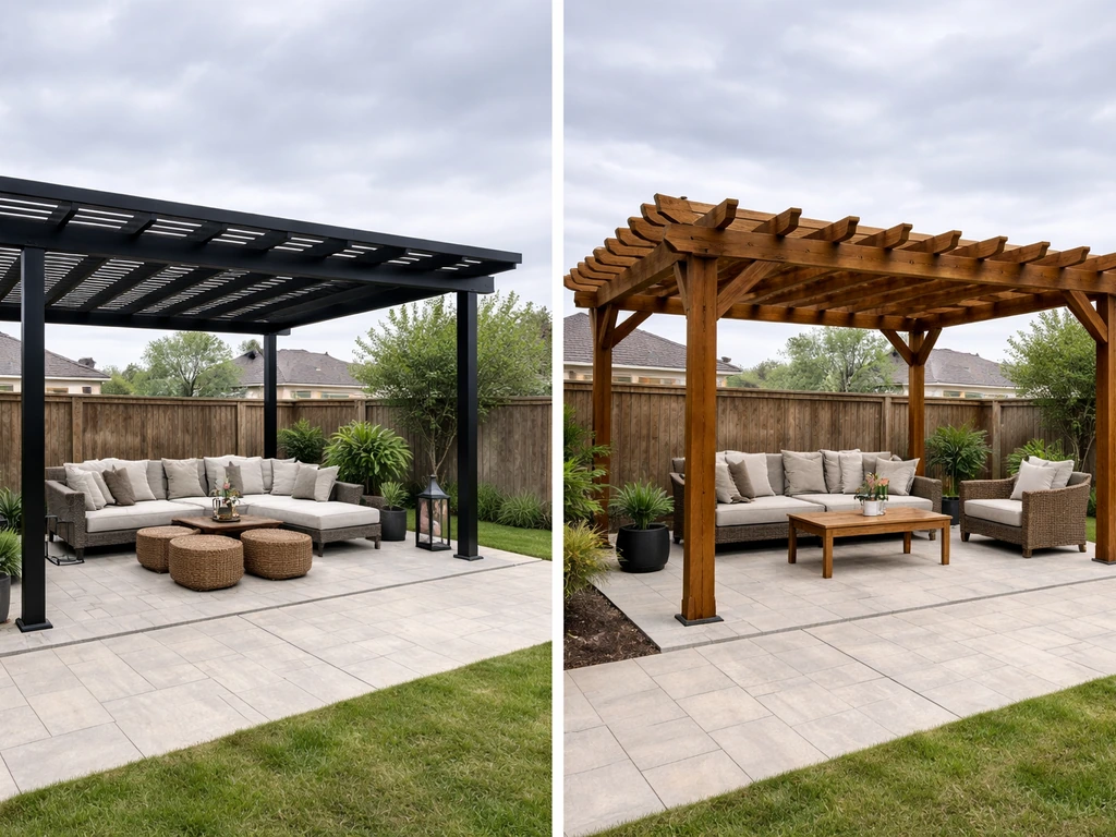 Two distinct backyard patio cover project scenes side by side, showing contrasting contractor outcomes.