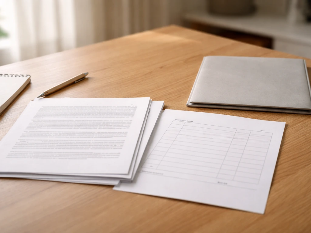 Homeowner-style documents: written scope pages, itemized estimate, and contract folder on a clean table