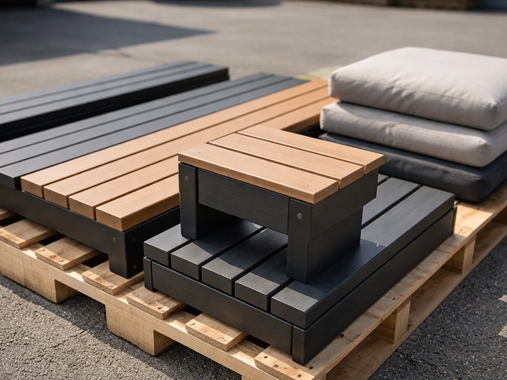 Close-up of matte black and tan poly lumber patio furniture pieces arranged for pickup selection
