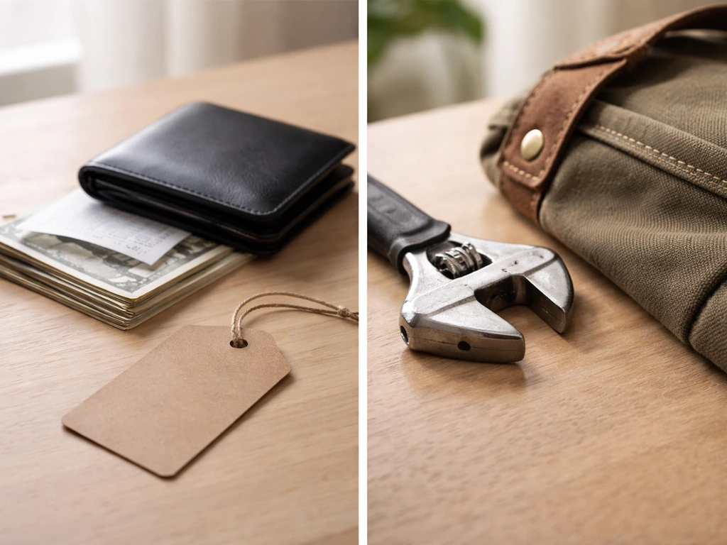 Minimal side-by-side tabletop scenes symbolizing good value and durable materials, with no readable text.
