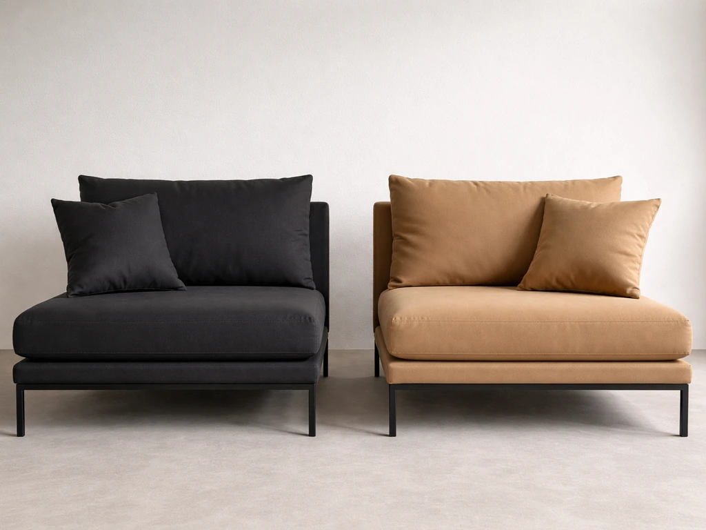 Two matching chairs side-by-side showing only black and tan color options with matching cushions.