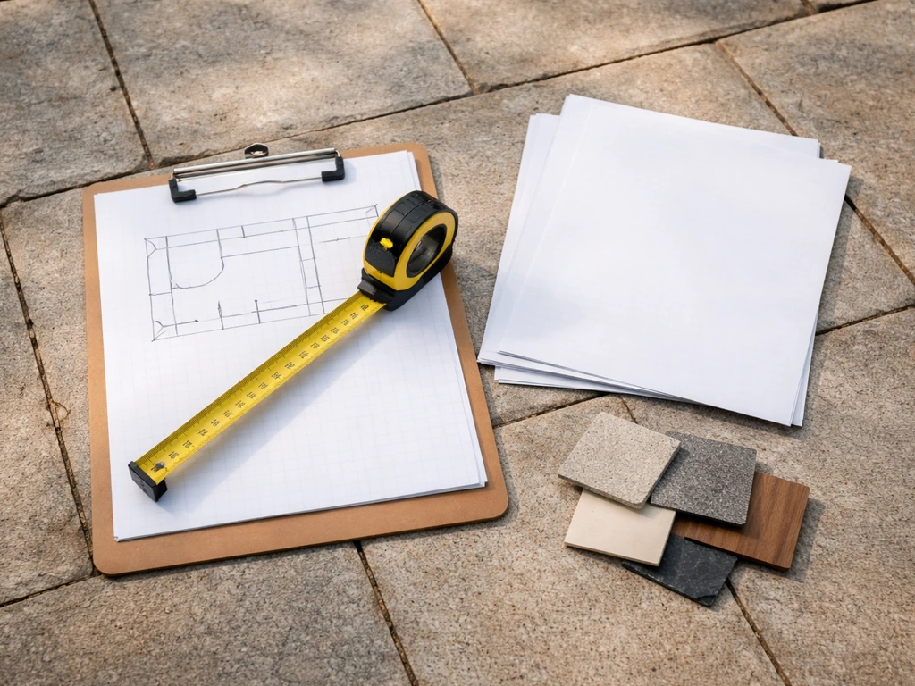 Measuring tape and blank checklist documents on a patio layout sketch over stone pavers.