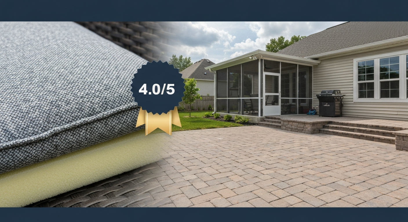 Editorial composite showing a close-up outdoor cushion fabric and foam with a suburban patio and screened porch in the background and a subtle 4-star rating area.