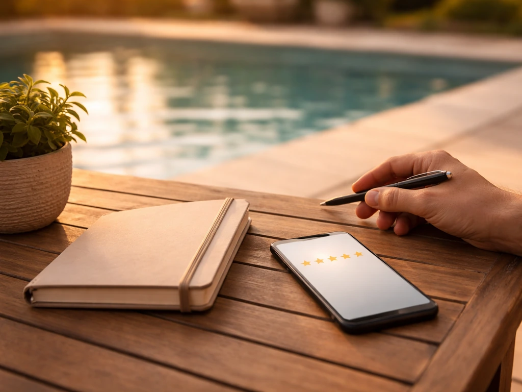 Outdoor patio poolside scene with a notebook and smartphone suggesting review checking, no readable text.