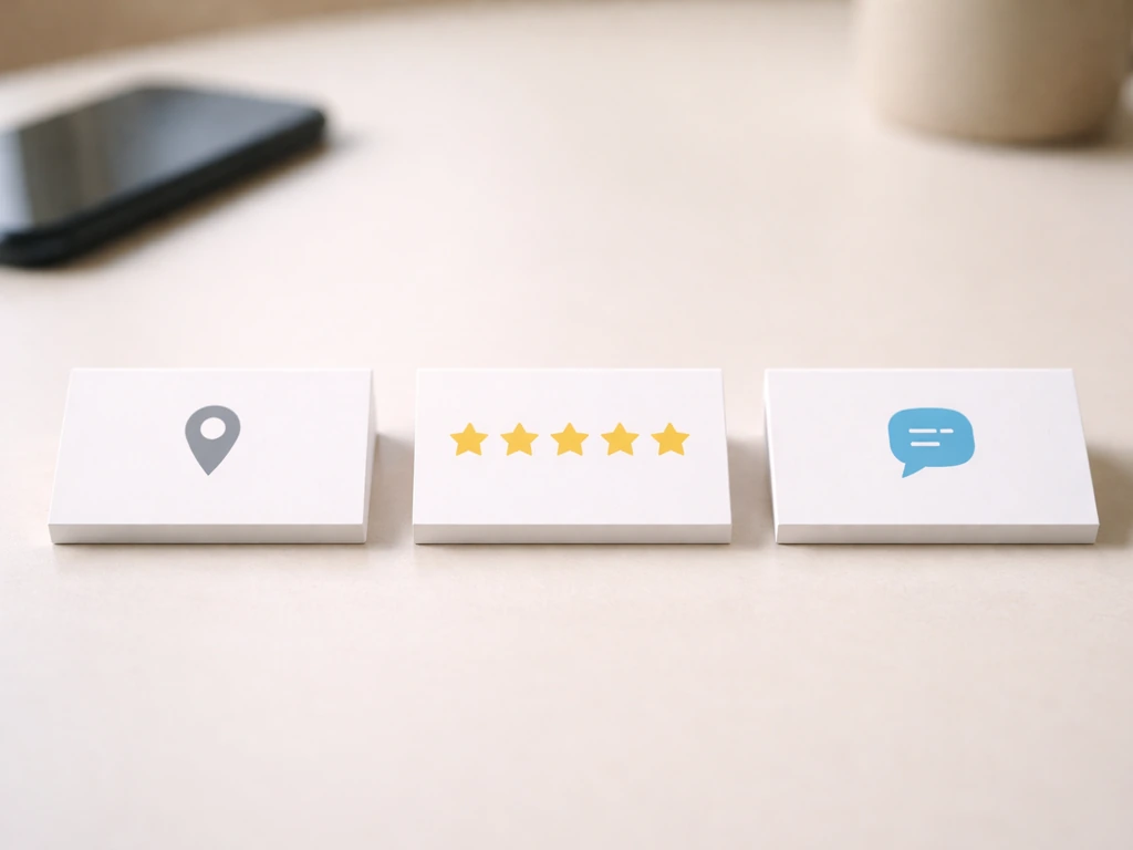 Three simple review cards side-by-side with map-pin, star, and chat-bubble icons for cross-checking.