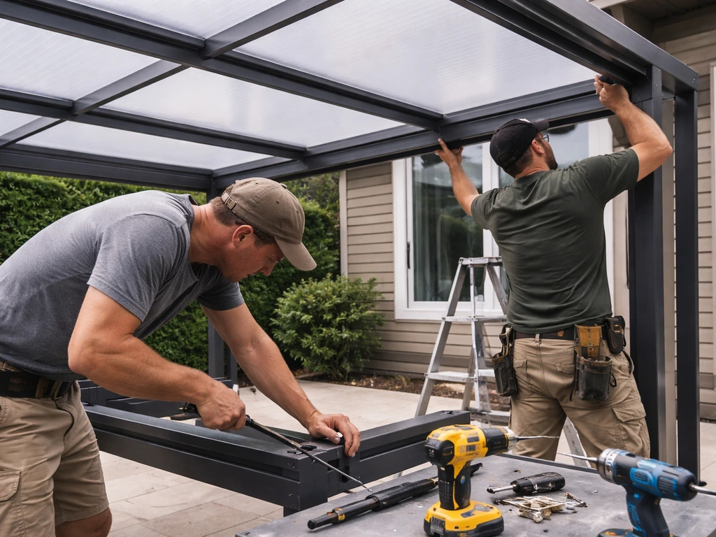 Workers installing a patio pergola/enclosure with tools visible and close-up of aligned hardware.