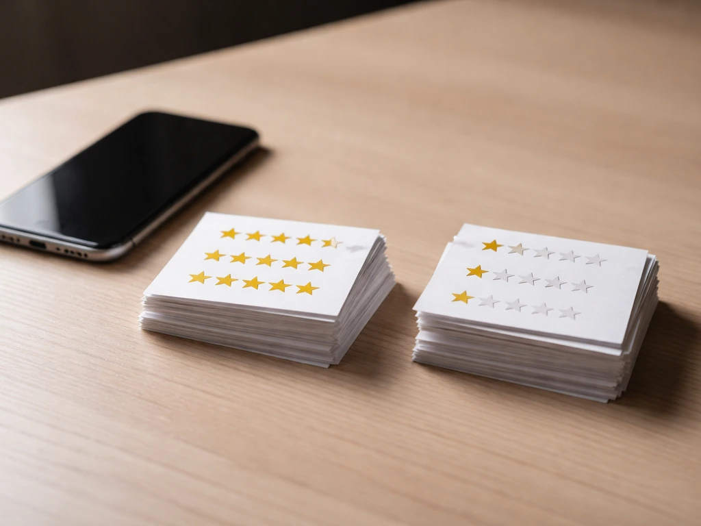 Desk scene with stacked review cards showing a suspicious cluster of repeated five stars versus muted ones.