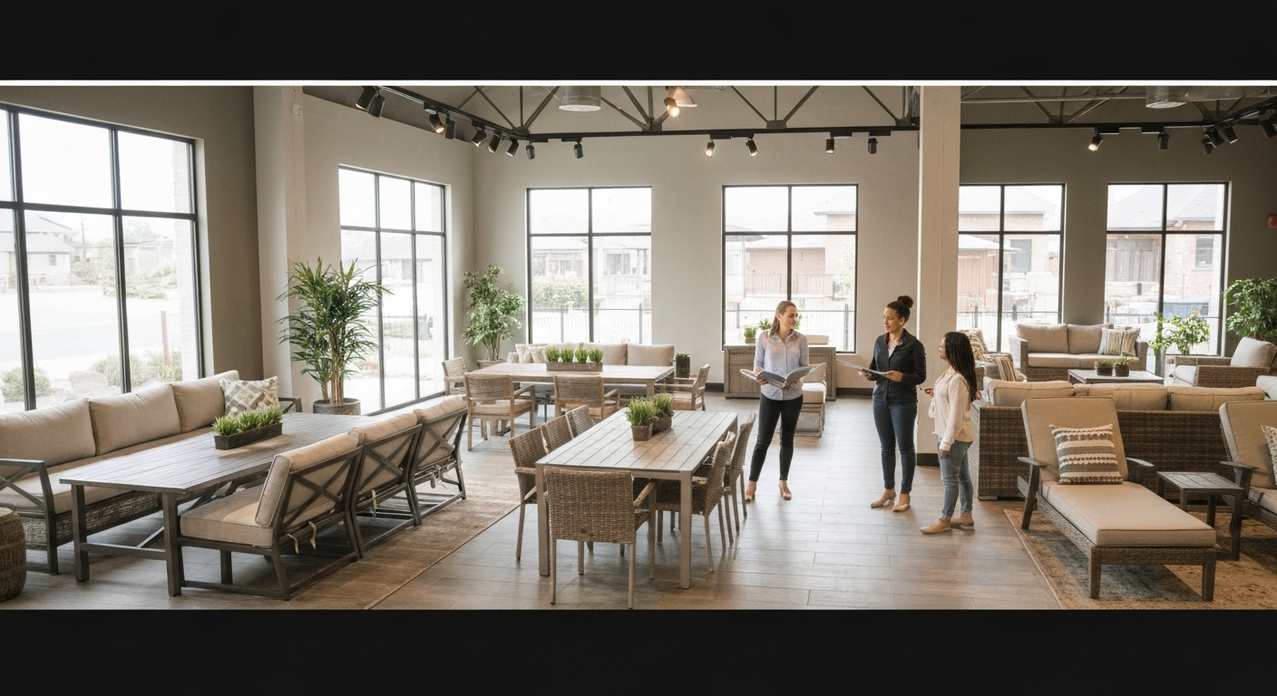 Wide-angle view of a modern outdoor patio furniture showroom with customers and salesperson reviewing displays.