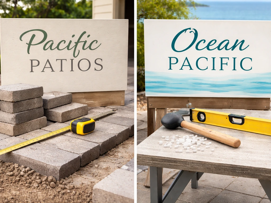 Split-view of two patio contractor worksite scenes with different generic signage concepts, no logos or people.