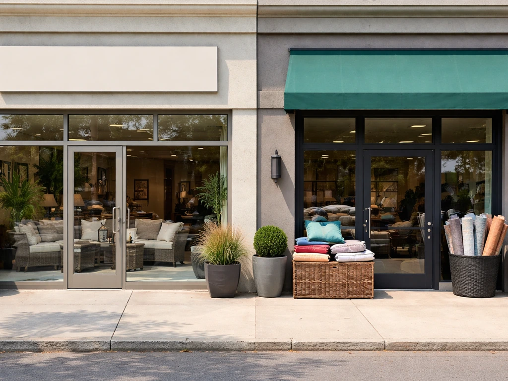 Two distinct patio contractor storefronts side-by-side with different signage and window displays, no readable text.