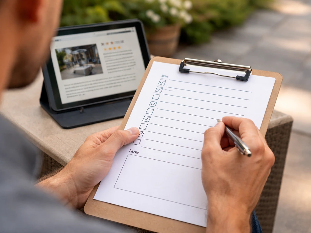 Homeowner close-up using a checklist outdoors, evaluating permit, warranty, and workmanship details.