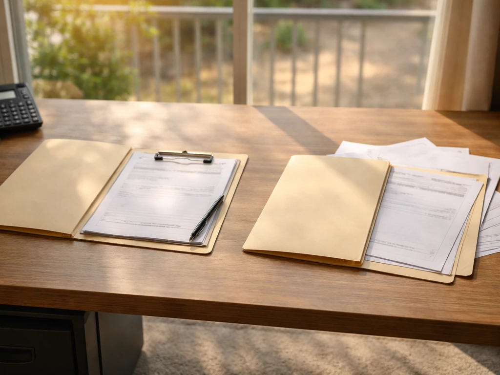 Contractor-style desk scene with paperwork and a stamped document showing quality signals and caution cues.