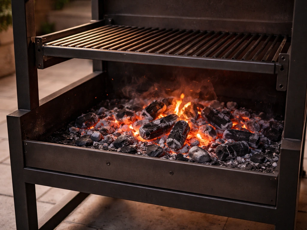 Close-up of an open-front churrasqueira patio grill with firebox and cooking grate, ready for churrasco-style cooking.