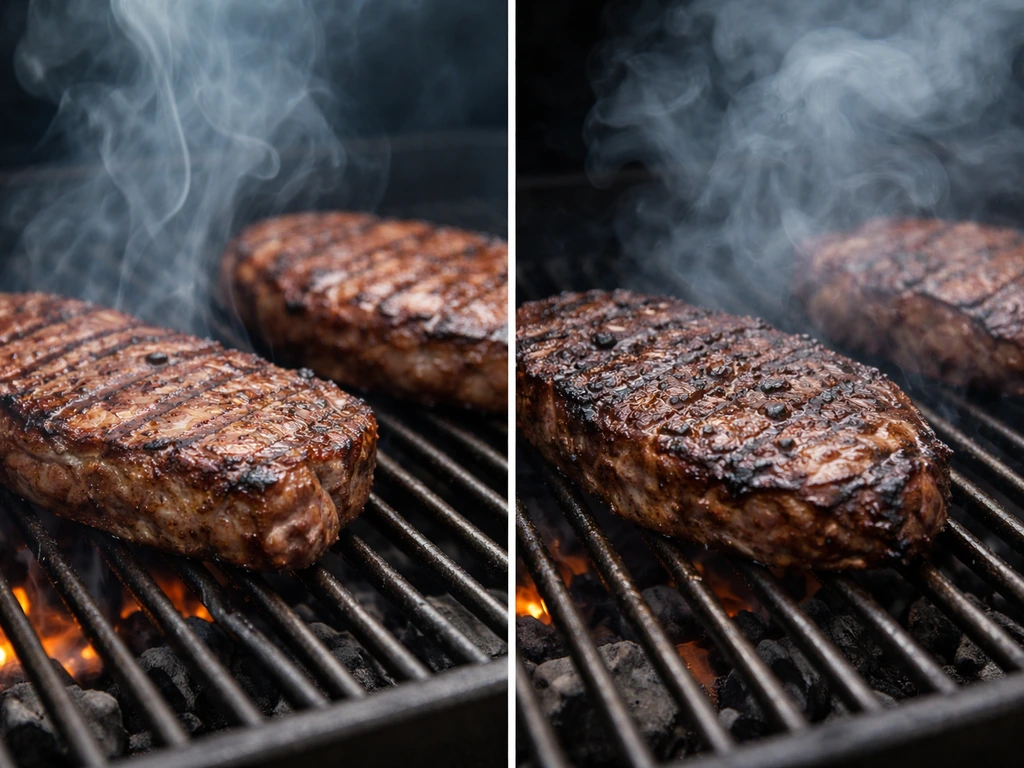 Two grilled meat scenes showing different smoke behavior and airflow during long cooking.