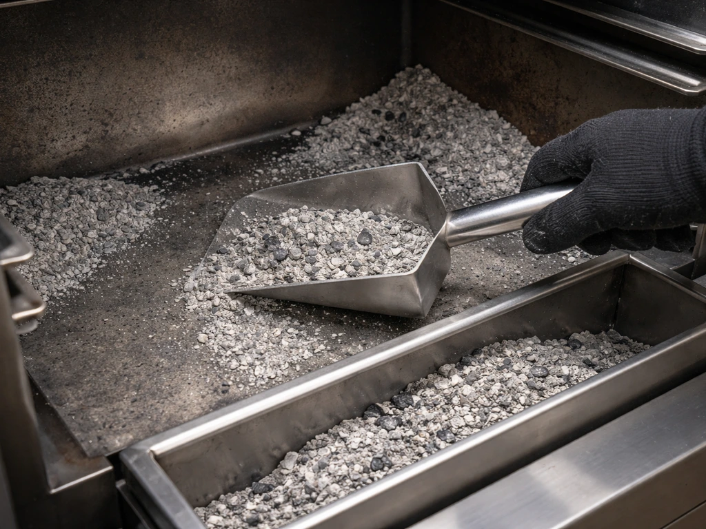 Close-up of a person scooping ash from a built-in grill firebox into an ash tray