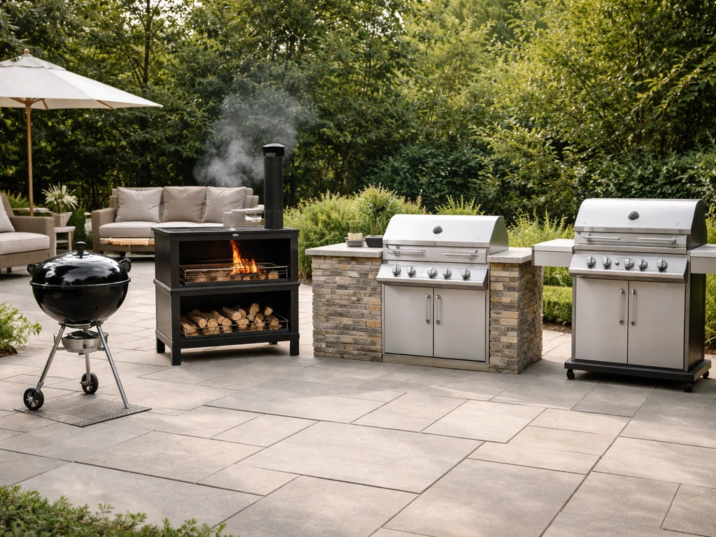 Four distinct patio grill setups: charcoal kettle, wood-burning, built-in brick grill, and freestanding stainless grill.