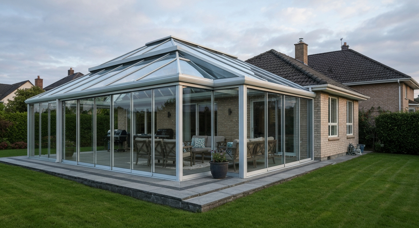 Modern glass patio enclosure attached to a house with aluminum-framed glazed walls, glass roof, and outdoor seating, surrounded by garden.