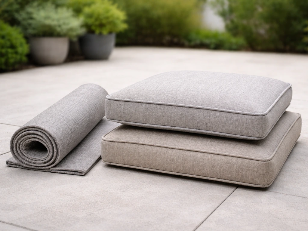 Replacement outdoor patio sling and cushions laid out on a clean patio surface, ready for review evaluation.