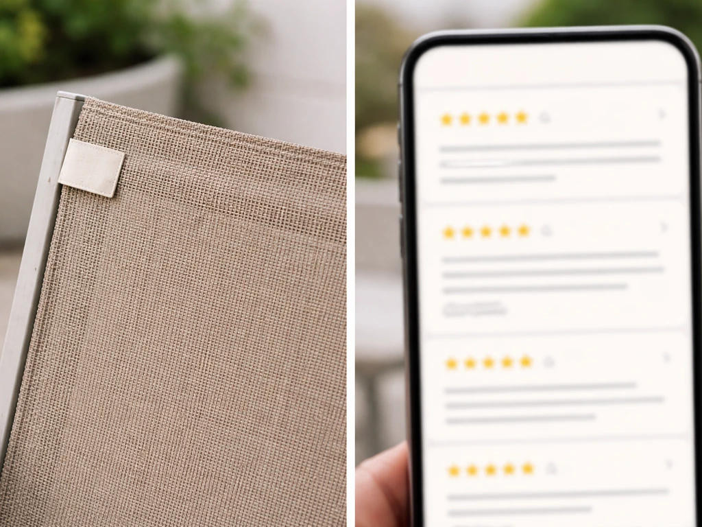 Close-up of outdoor patio replacement sling fabric next to a blurred review-style layout screenshot