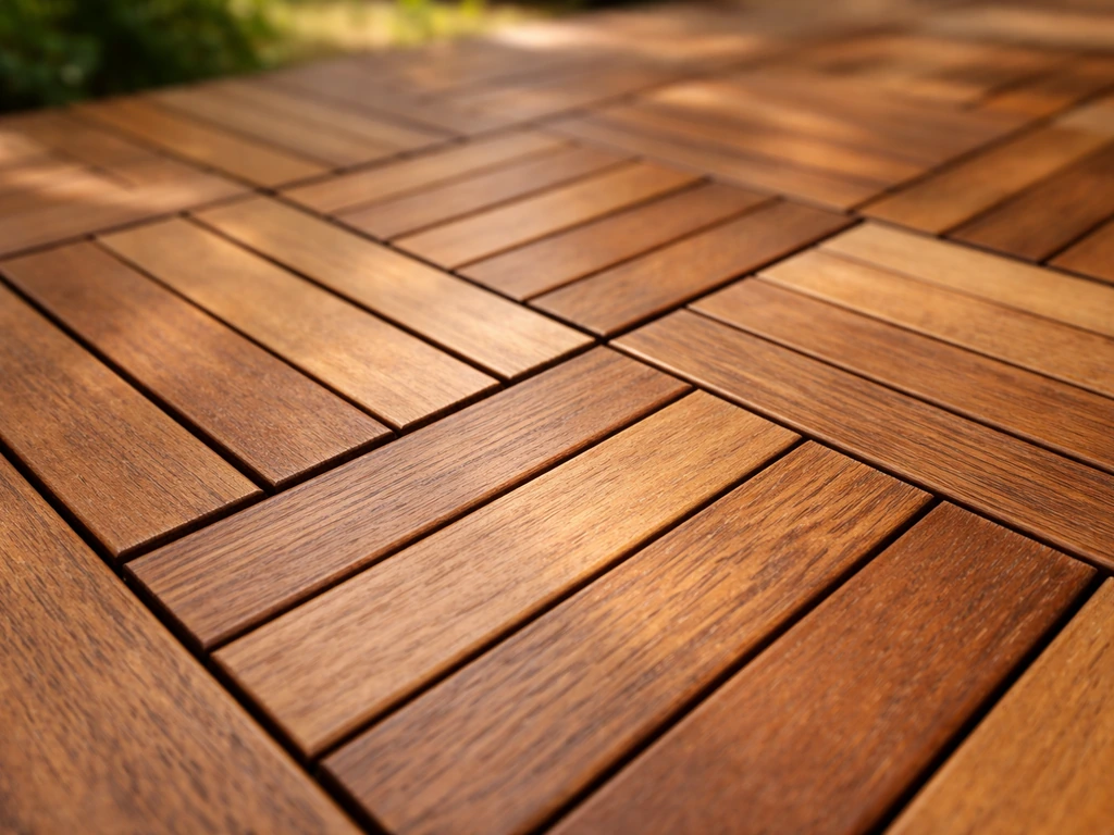 Close-up of warm teak patio flooring with visible grain and interlocking board layout outdoors.