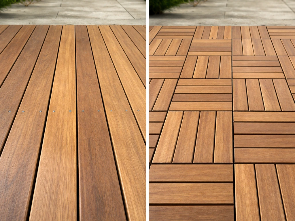 Side-by-side view of teak decking boards vs snap-together modular teak tile panels on a patio surface.