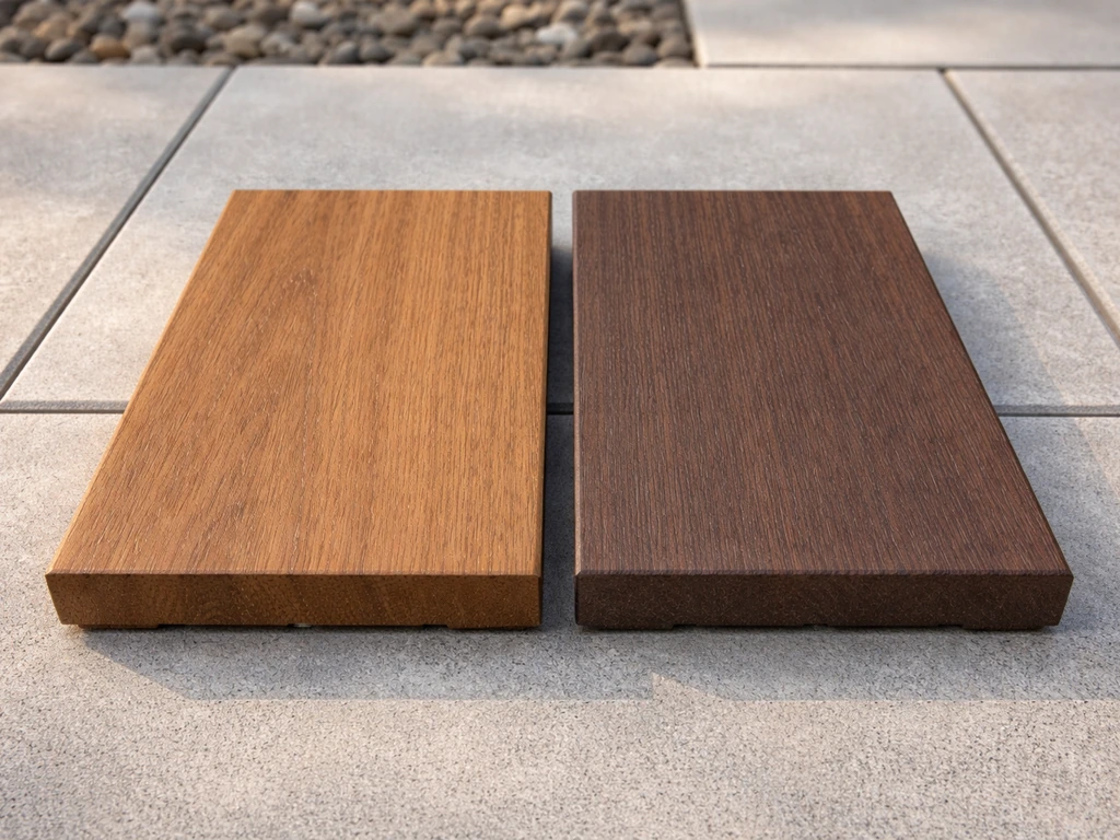 Side-by-side deck board samples showing real teak-like grain versus a darker composite/ipe-look texture.