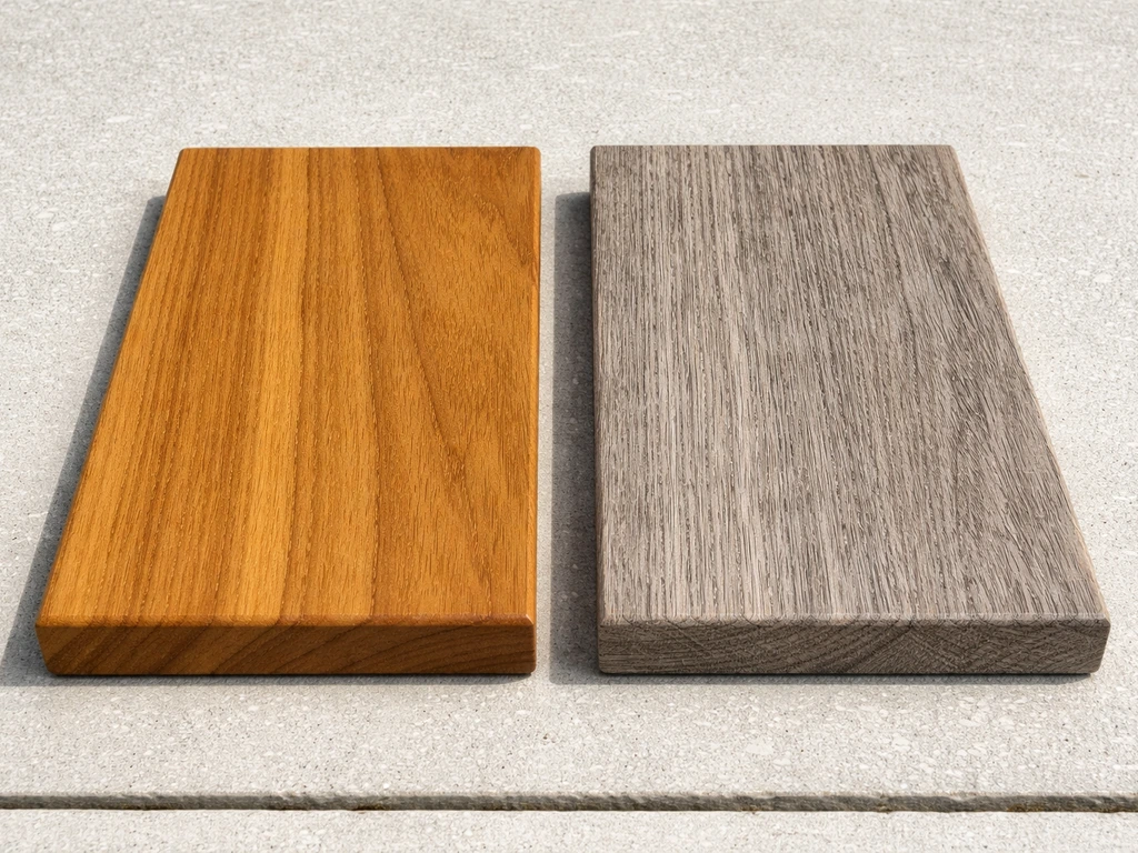 Two small teak patio board samples showing golden-new and weathered silver-gray driftwood aging.