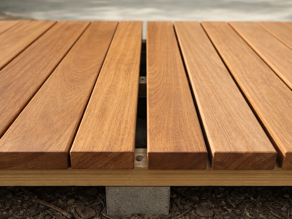 Close-up of teak patio boards showing tight joints next to a properly spaced section with visible gaps.