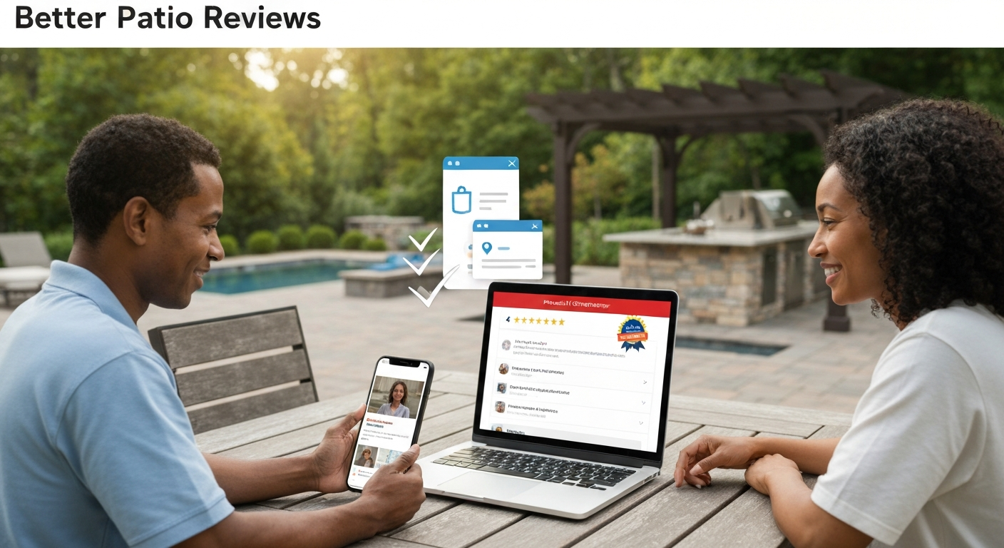 Homeowner couple on a patio reviewing contractor and product ratings on a laptop and phone; screens show star ratings and a "Verified buyer" badge, with a blurred pergola and outdoor kitchen in the background.