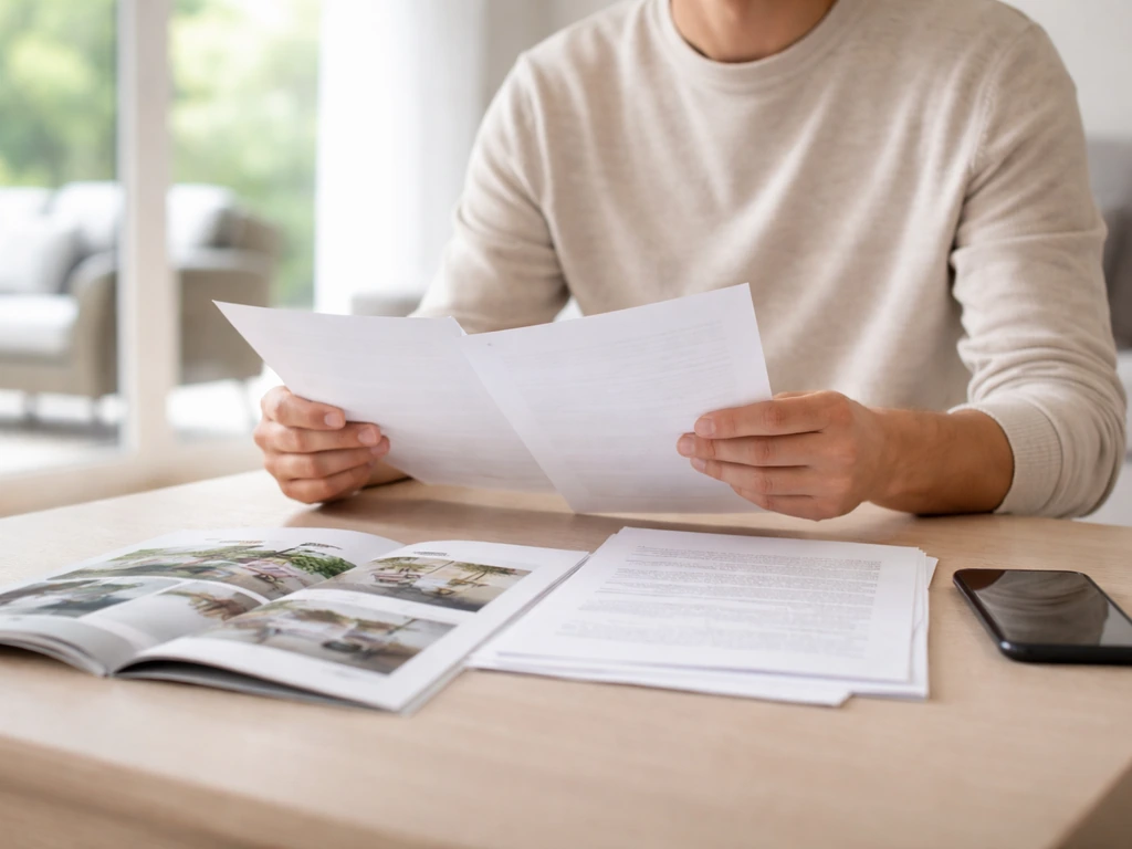 Homeowner reviewing warranty and contract papers at a desk with patio furniture catalog nearby.