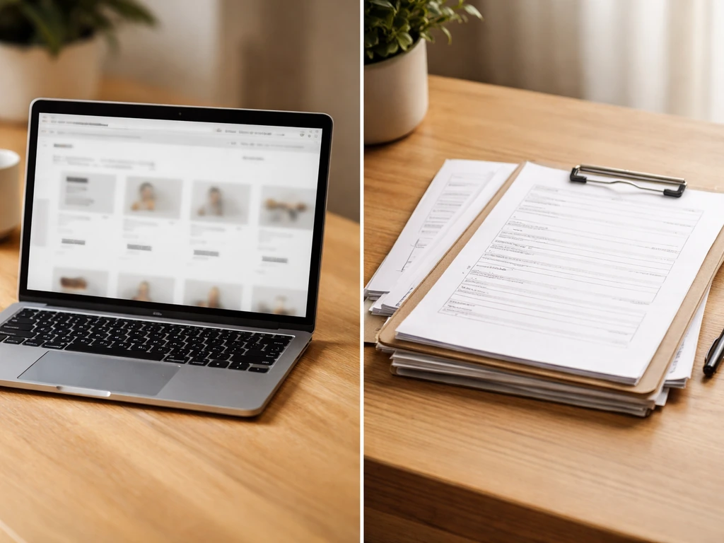 Split view of a minimal laptop e-commerce checkout scene and separate contractor-style paperwork on a desk