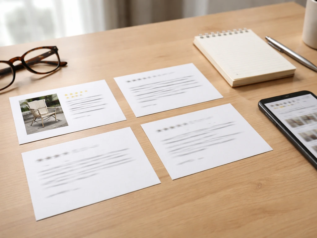 Desk with anonymous review cards, some with product-photo detail and some vague, next to a phone