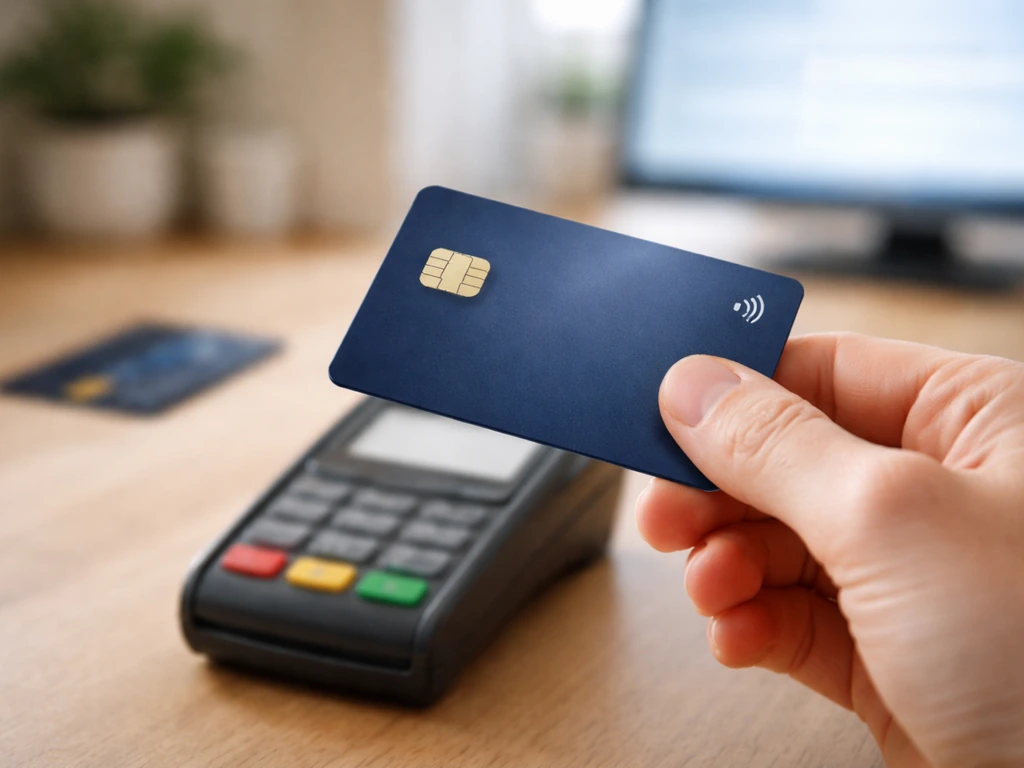 Hand holding a credit card over a checkout keypad, with blurred debit card and wire transfer cues in the background.