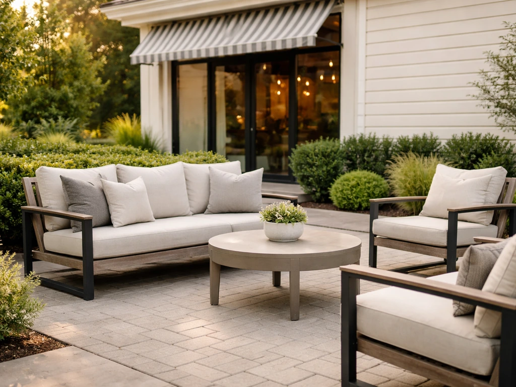 Inviting Raleigh-style outdoor patio with comfortable seating and a neat showroom-like setup