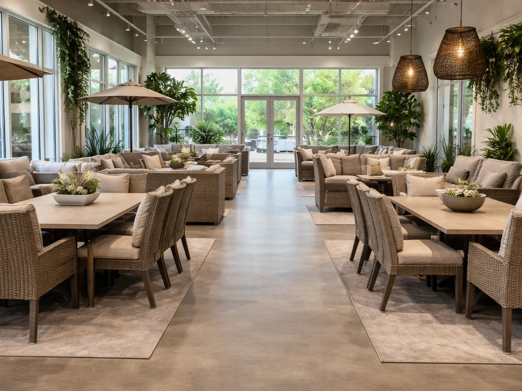 Outdoor furniture showroom with curated patio sets displayed along a clear aisle in Raleigh