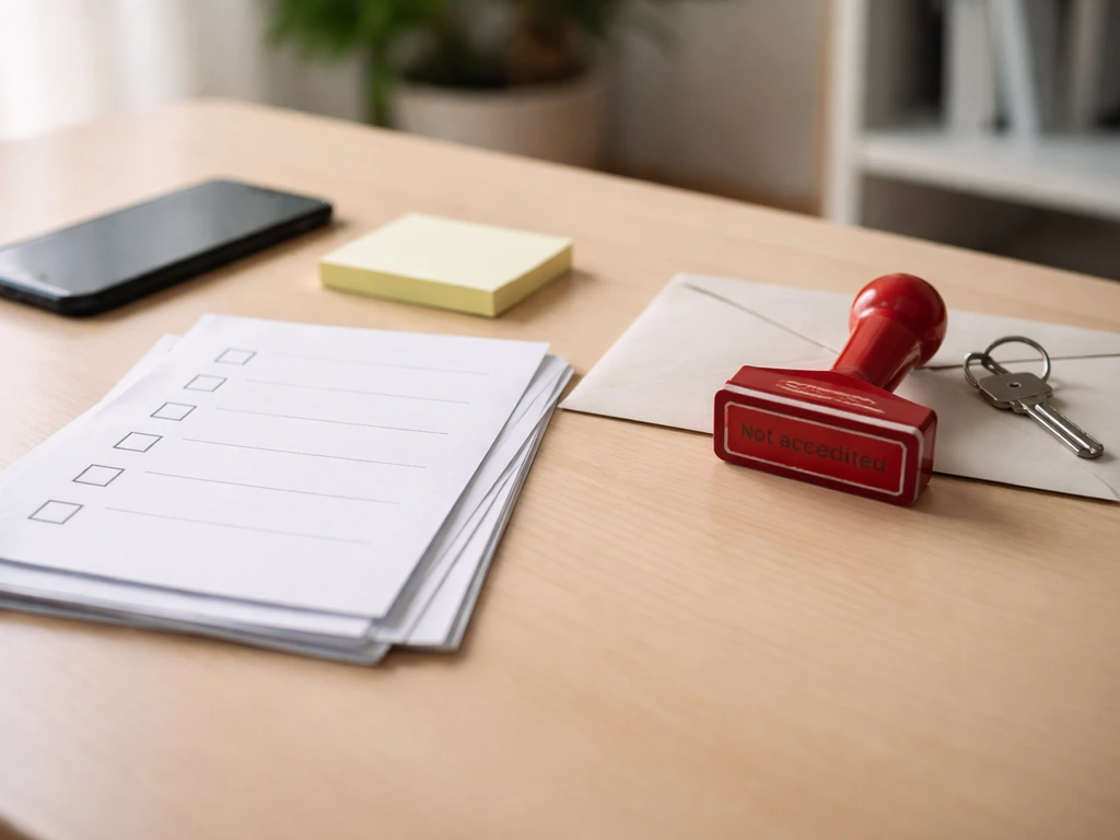 Minimal desk scene with checkboxes and a “not accredited” stamp implying due diligence.