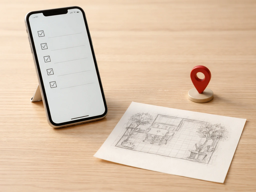 Minimal scene showing a smartphone checklist beside a conceptual map pin and patio layout sketch.