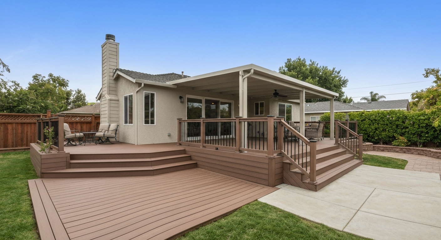Finished composite deck with an Alumawood-style patio cover in a tidy backyard, showing clean workmanship.