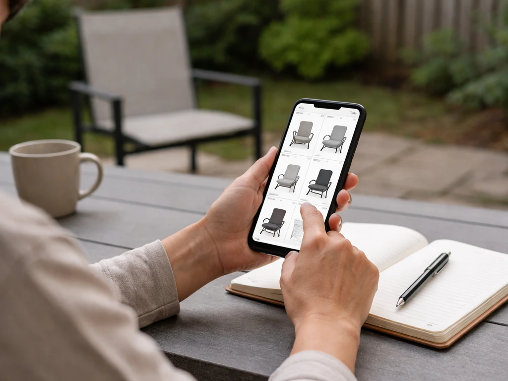 Homeowner at a patio table using a phone to compare patio sling listings
