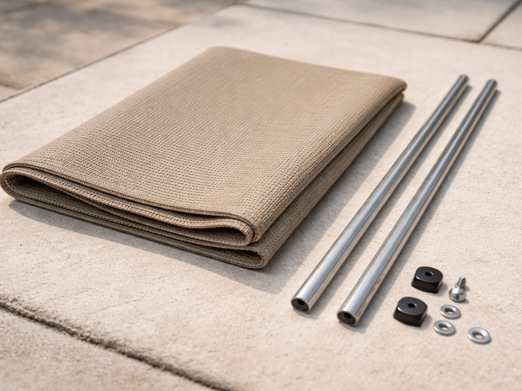 Close-up of a patio replacement sling kit laid out with retainer rods and fabric pieces