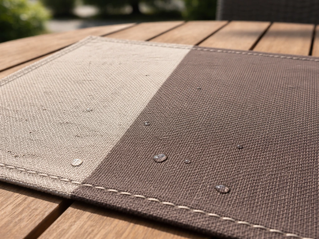 Sunlit outdoor sling fabric swatch with subtle fade, tight seam detail, and light mildew-resistance cues.